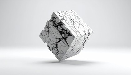 A cube, crumbling, white, against a gradient backdrop, floating