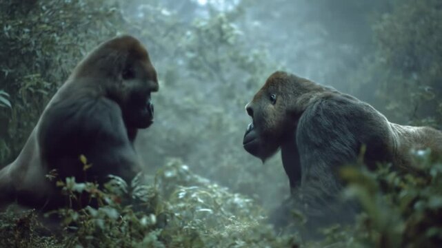Two silverback gorillas face off in a misty jungle clearing, tense and wary, surrounded by fog close