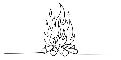 Continuous single line drawing depicting a cozy campfire with logs and rising flames Vector, illustration