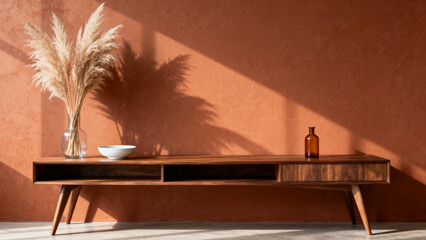 Minimalist wooden console table with decorative vase and dried pampas grass against terracotta wall