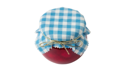 Red jam jar with blue checkered fabric cover and golden ribbon isolated PNG, homemade preserve for breakfast and gift