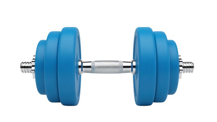 Fototapeta premium Blue dumbbell isolated PNG, fitness equipment for strength training and bodybuilding on transparent background, exercise tool
