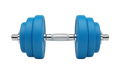 Blue dumbbell isolated PNG, fitness equipment for strength training and bodybuilding on transparent background, exercise tool