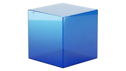 Glossy blue transparent cube with gradient shading and reflective surface isolated on a transparent background