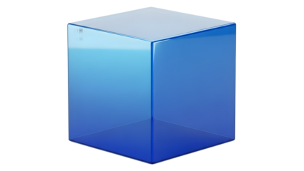 Glossy blue transparent cube with gradient shading and reflective surface isolated on a transparent background