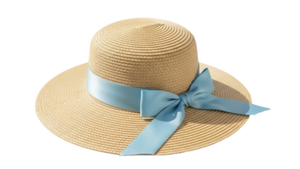 Elegant straw boater hat with light blue ribbon isolated PNG, stylish summer headwear for sun protection and fashion accessory