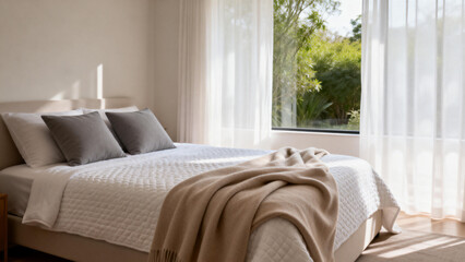 A neatly made bed with a quilted white comforter and beige throw blanket in a bright, minimalist bedroom with large windows and sheer curtains.