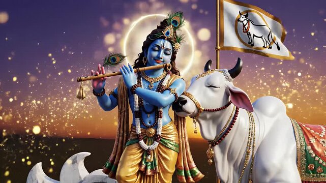 Divine Krishna with cow banner serene flute playing deity with gentle halo for devotional design