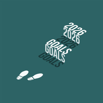2026 goals Isometric stairs text effect with footprints isolated on green transformative teal background, Vector Illustration.