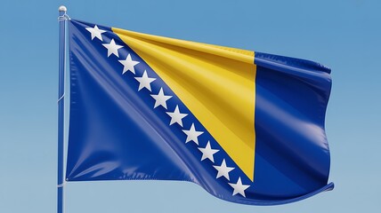 National Flag of Bosnia and Herzegovina Waving Against a Clear Blue Sky