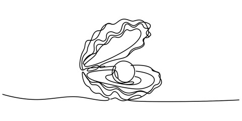 Continuous line drawing of an open oyster shell with a pearl inside Vector, illustration © Single Line Art