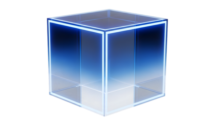 Glowing blue illuminated cube with transparent sides and gradient effect isolated on a transparent background