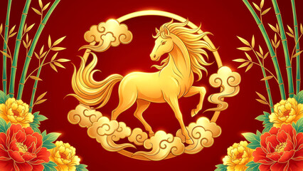 Golden Chinese Zodiac Horse with Auspicious Clouds, Peonies, and Bamboo on Red