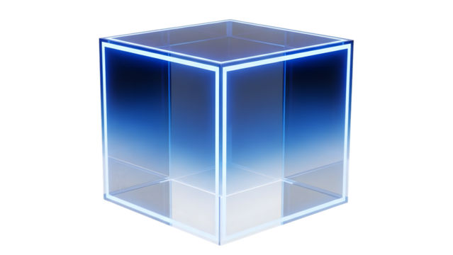 Glowing blue illuminated cube with transparent sides and gradient effect isolated on a transparent background - Powered by Adobe