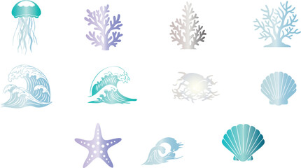 Collection of ocean-themed including jellyfish, coral, waves, seashells, and starfish