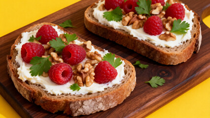 Toasts topped with cream cheese, fresh raspberries, walnuts, and parsley on a wooden board