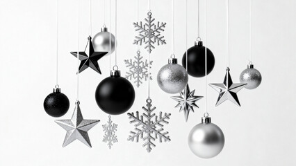 Black and white Christmas ornaments including stars, snowflakes, and spheres hanging against a light background
