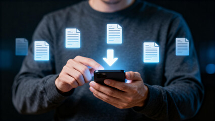 Person using smartphone with digital document icons and download symbol floating above