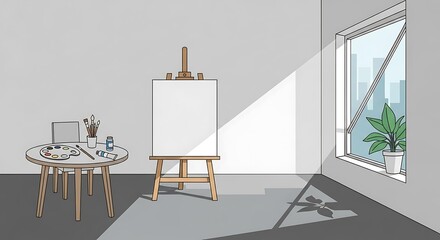 Fototapeta premium Modern artist workspace with easel and laptop.
