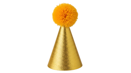 Golden party hat with a fluffy orange pom on isolated on a transparent background glittery shiny