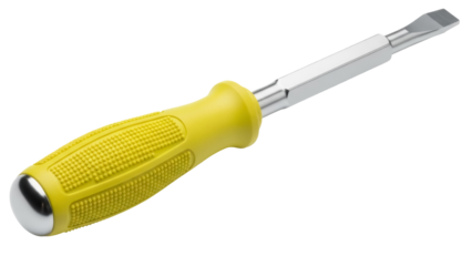 Yellow handled flathead screwdriver isolated PNG, hand tool for construction and repair work on transparent background