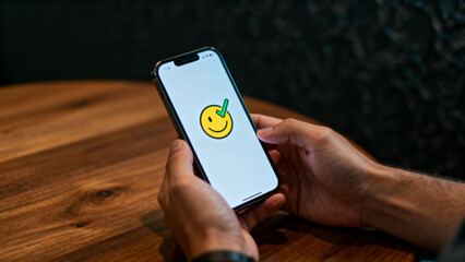 Person holding smartphone displaying a smiley face with a straw emoji on the screen