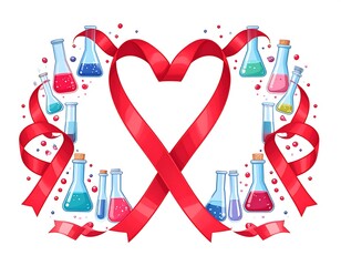 A red ribbon-shaped frame surrounds colorful laboratory flasks and test tubes, creating a heart-like outline