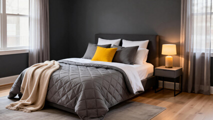 Modern bedroom with gray bedding, yellow accent pillow, and warm lighting