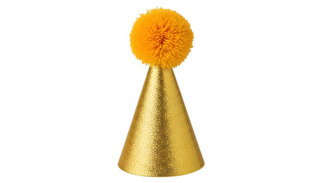 Golden party hat with a fluffy orange pom on isolated on a transparent background glittery shiny