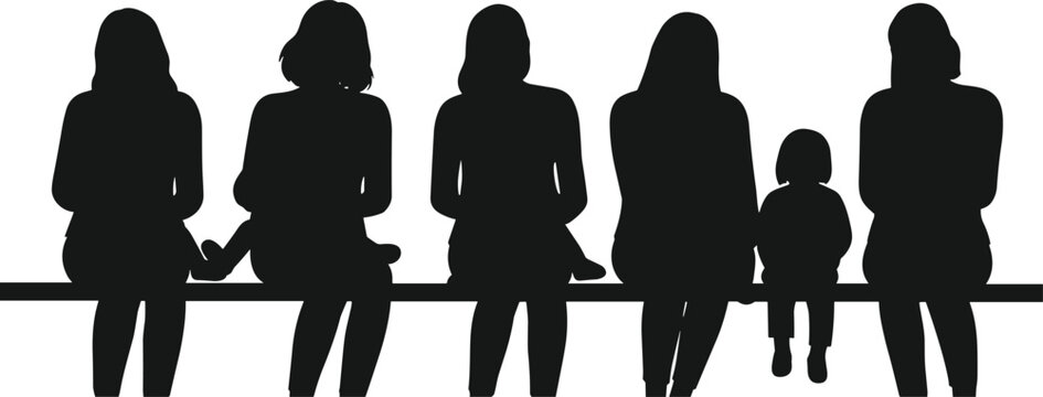 Bench silhouette illustration, seated people design, black figures art, family moment, social interaction pose, child and adults