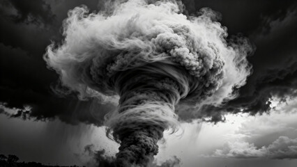 Massive smoke plume rising into stormy sky, forming a towering vortex against dark clouds