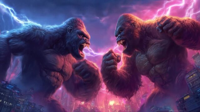Two colossal primate giants clash above a neon-lit city as electric arcs surge between them, roaring