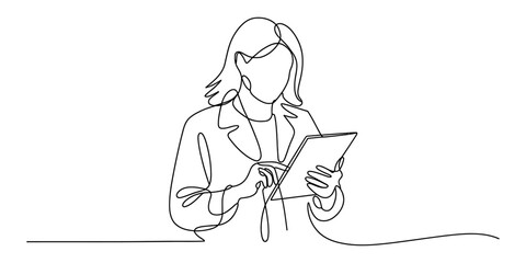 Woman using a tablet in a continuous line drawing style Vector, illustration
