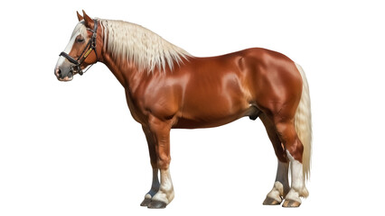 Obraz premium Chestnut draft horse with blonde mane isolated PNG, majestic equine animal on transparent background for design and educational use