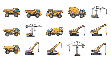 Construction Equipment Illustration Dump Trucks, Cranes, and Concrete Mixers for Building and Construction Projects © junkie vector
