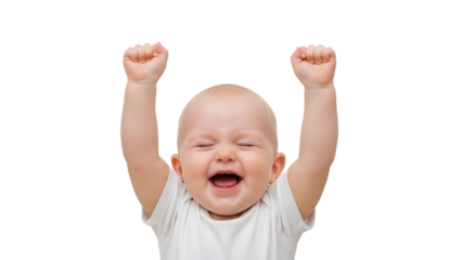 Happy baby with arms raised and smiling joyfully isolated on a transparent background