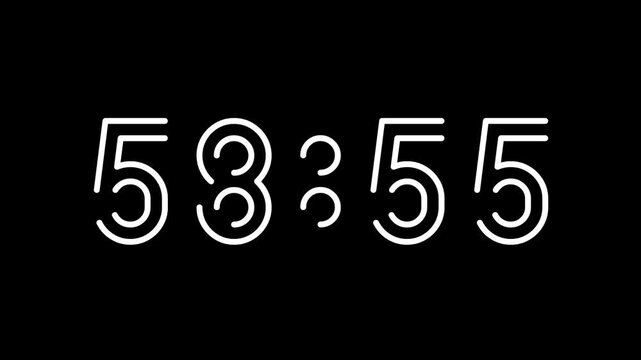 Countdown digital timer from 59 minute to 58 minute on black background suitable for time management, productivity, deadlines, presentations