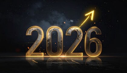 Forward Momentum: The year 2026, illuminated with a golden glow and a rising arrow, symbolizes growth, progress, and the dawn of a new era.