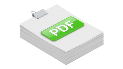Stack of white paper sheets with green PDF icon isolated PNG, document file format for business and education purposes on transparent background