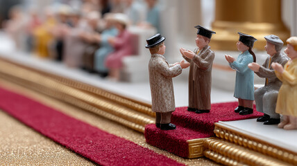 Miniature figures in a ceremony depicting a graduation handshake.