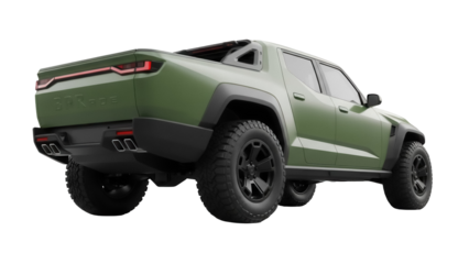 Green pickup truck PNG isolated on transparent background, modern electric vehicle for off-road adventure and sustainable transportation