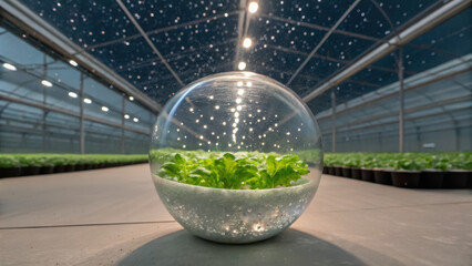 Bio renewable lab innovation. hydroponic lettuce farm with plants in crystal sphere under greenhouse roof