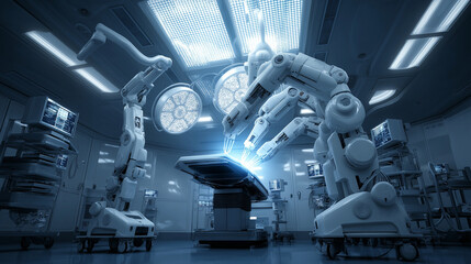 Robotic surgery concept illustration, medical robotic arms, high-tech operating room, futuristic healthcare technology, blue lighting, ultra-detailed