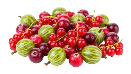 Pile of red currants and gooseberries PNG isolated on transparent background, fresh summer fruits for healthy eating and dessert