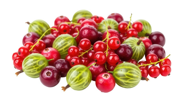 Pile of red currants and gooseberries PNG isolated on transparent background, fresh summer fruits for healthy eating and dessert - Powered by Adobe