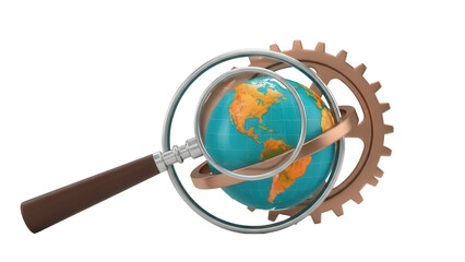 Globe with magnifying glass and gear isolated PNG on transparent background, global search and business process concept