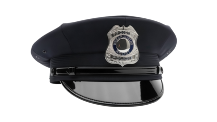Dark blue police hat with badge isolated PNG, law enforcement headwear for officers and security personnel on transparent background
