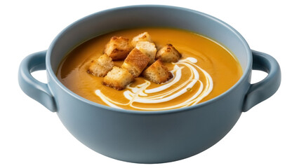 Creamy butternut squash soup with croutons in a blue bowl isolated on transparent PNG, autumn comfort food for healthy eating