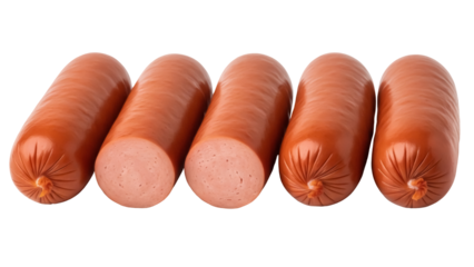 Five brown sausages isolated PNG, processed meat product made from ground meat and spices for grilling and cooking on transparent background