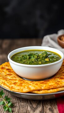 Warm bowl of sarson ka saag served with a golden makki ki roti, a classic Indian dish,  savory,  sarson ka saag